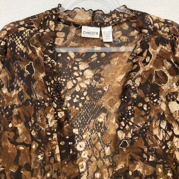 Chico's Brown Black Open Front Draped Lettuce Hem Stretch Cardigan XL/3 Preppy - Picture 4 of 9